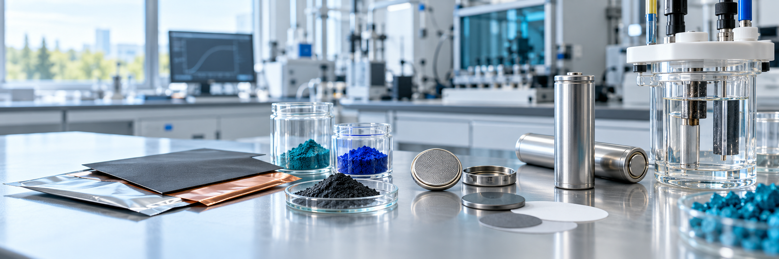 Electrochemical energy materials, powders, battery electrodes and laboratory cells on a research bench.